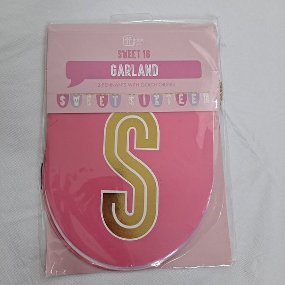 Sweet 16 Garland Party Birthday Pink 12 Pennants With Gold Foiling 10 foot Long - Picture 1 of 7